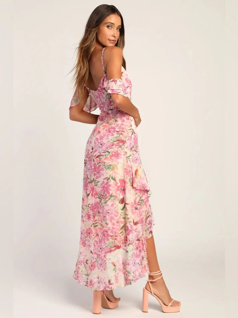 Lulus Watch Me Grow Pink Floral Print Cold-Shoulder High-Low Dress Size L NWT